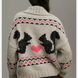 Anthropologie Squirrel Pattern Cardigan - Cream and Pink with silver thread